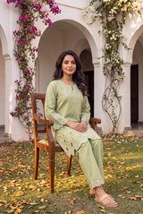 Green Embellished Silk Blend Round Neck Co-Ords VCORD1143