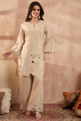 Beige Silk Blend Embroidered Straight Coord Sets VCORD1144