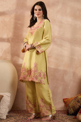 Yellow Silk Blend Embroidered Scalloped Coord Sets VCORD1145