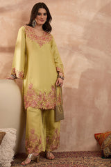 Yellow Silk Blend Embroidered Scalloped Coord Sets VCORD1145