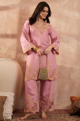 Pink Silk Blend Embroidered Scalloped Coord Sets VCORD1146