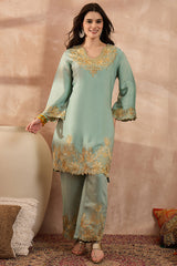 Blue Silk Blend Embroidered Scalloped Coord Sets VCORD1147