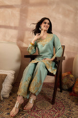 Blue Silk Blend Embroidered Scalloped Coord Sets VCORD1147