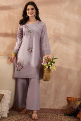 Lavender Pure Cotton Embroidered Straight Coord Sets VCORD1165