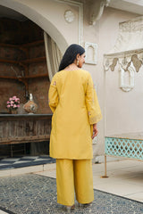 Yellow Pure Cotton Solid Embroidered Coord Sets VCORD1167