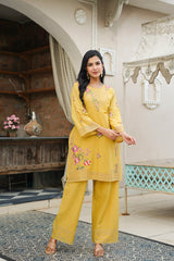 Yellow Pure Cotton Solid Embroidered Coord Sets VCORD1167
