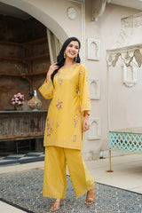 Yellow Pure Cotton Solid Embroidered Coord Sets VCORD1167