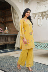 Yellow Pure Cotton Solid Embroidered Coord Sets VCORD1167