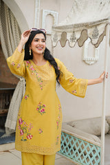 Yellow Pure Cotton Solid Embroidered Coord Sets VCORD1167