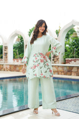 Green Silk Blend Solid Embroidered Coord Sets VCORD1171