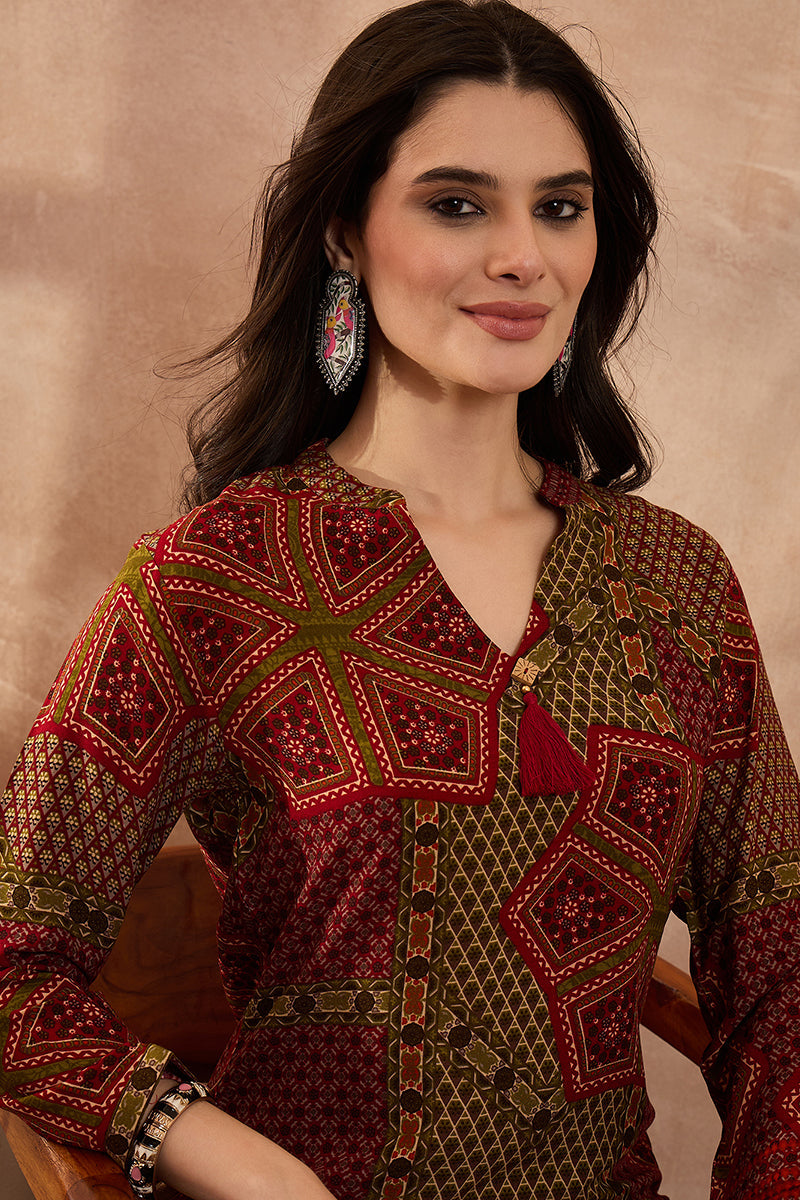 Red Viscose Rayon Printed Straight Coord Sets VCORD1199