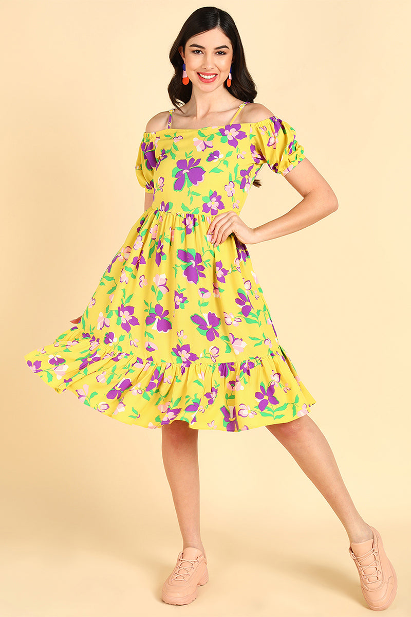 Yellow Georgette Floral Printed Midi Dress VD1174 | DesiQlo