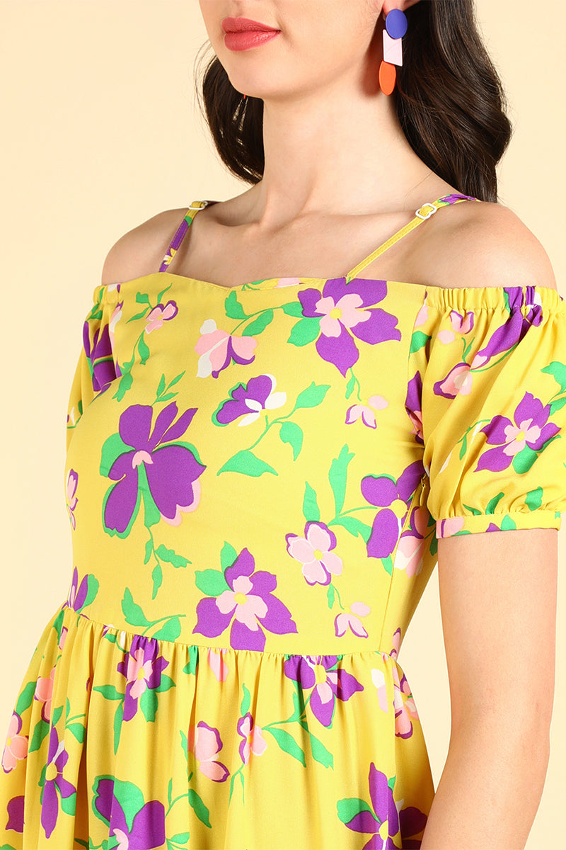 Yellow Georgette Floral Printed Midi Dress VD1174 | DesiQlo