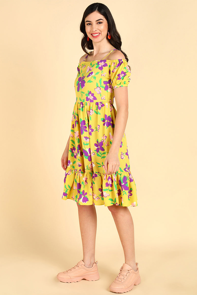 Yellow Georgette Floral Printed Midi Dress VD1174 | DesiQlo