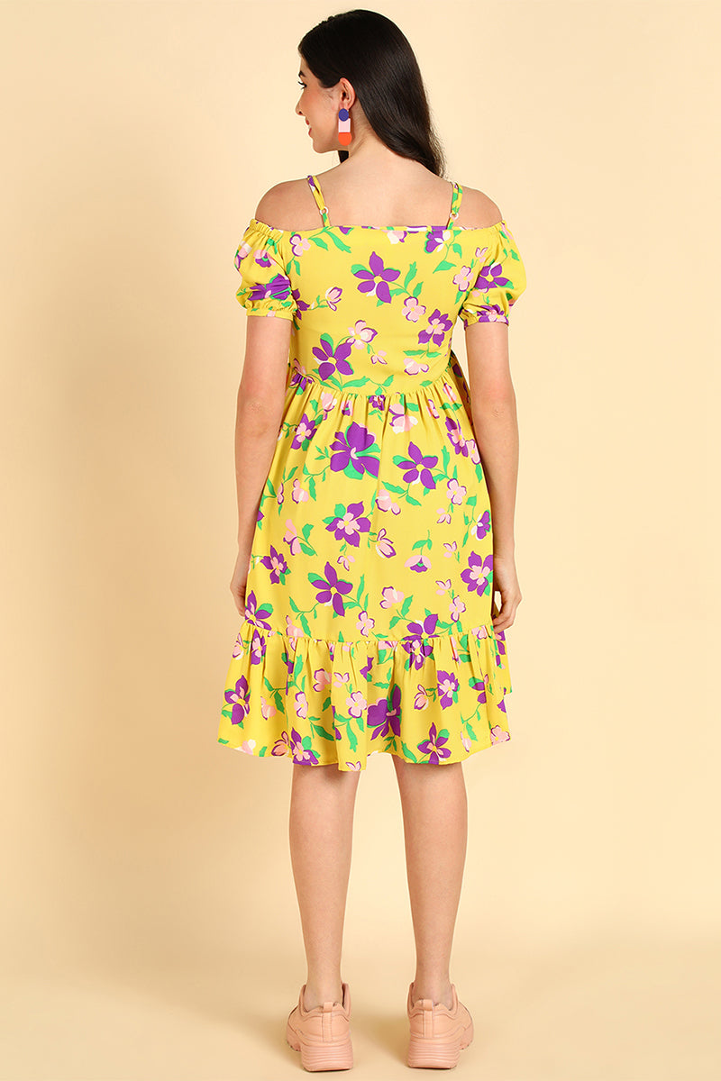 Yellow Georgette Floral Printed Midi Dress VD1174 | DesiQlo