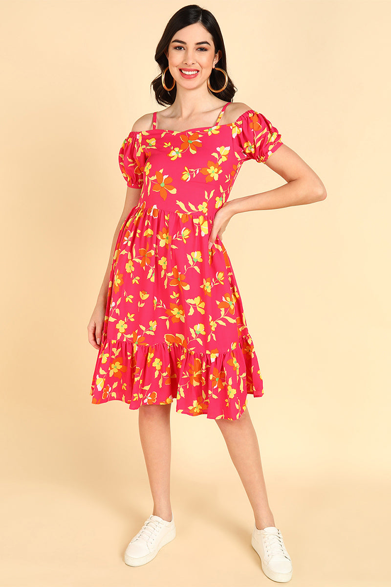 Pink Georgette Floral Printed Off Shoulder Midi Dress VD1175A | DesiQl