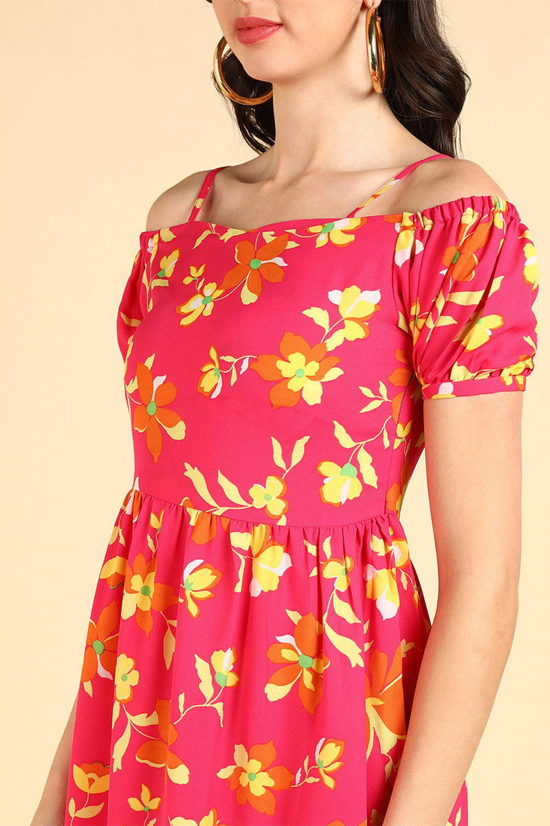 Pink Georgette Floral Printed Off Shoulder Midi Dress VD1175A | DesiQl