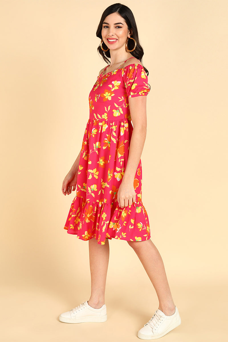 Pink Georgette Floral Printed Off Shoulder Midi Dress VD1175A | DesiQl