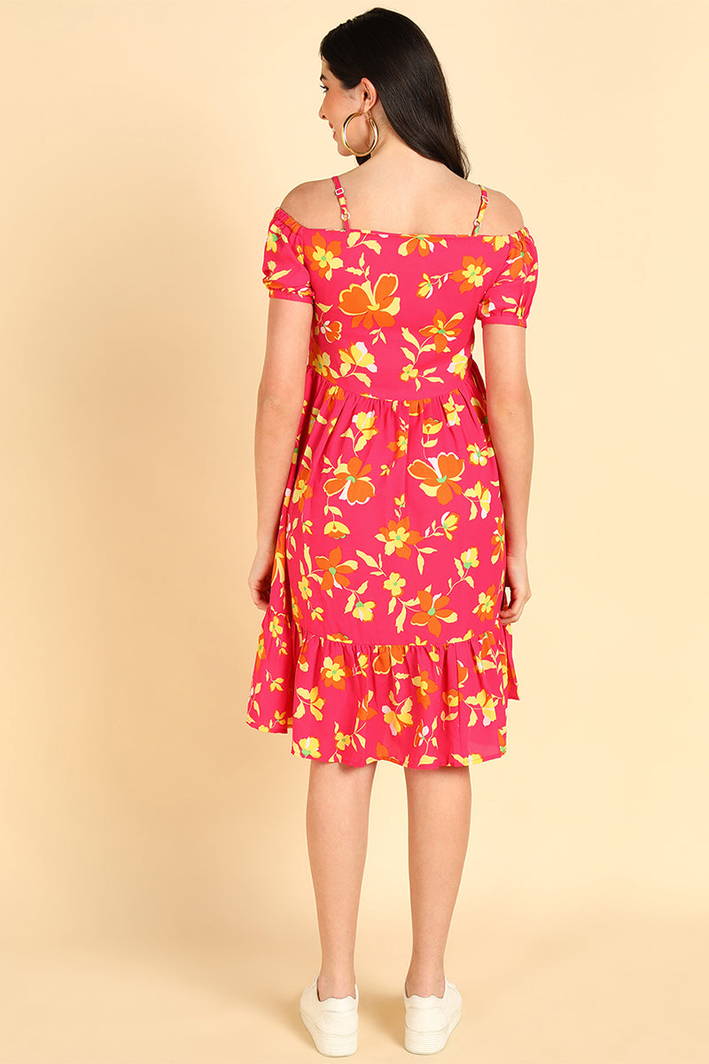 Pink Georgette Floral Printed Off Shoulder Midi Dress VD1175A | DesiQl