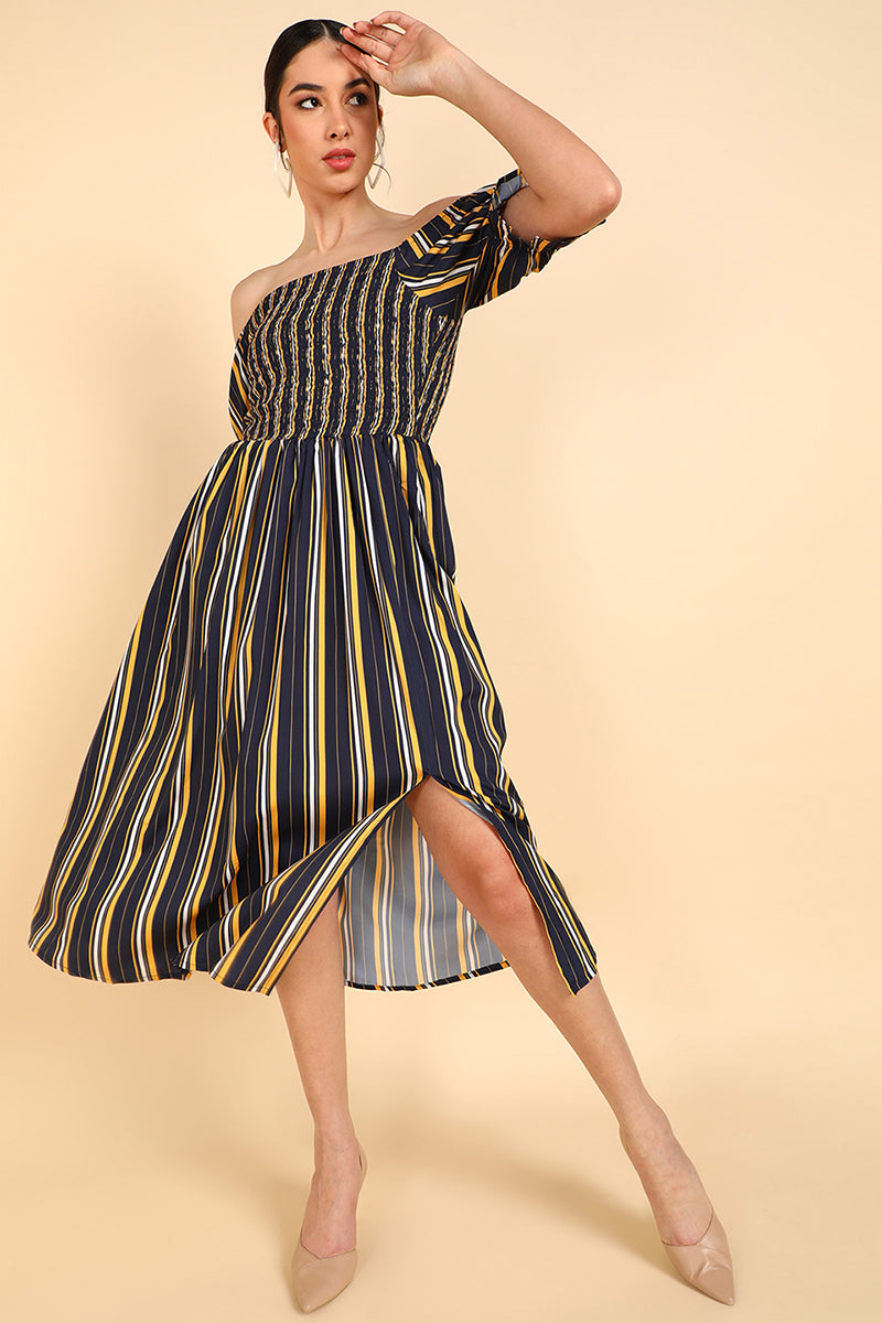 Navy Blue Polyester Flared Dress VD1181 | DesiQlo
