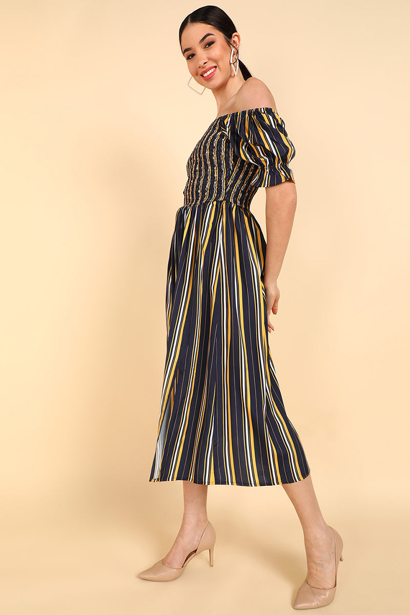 Navy Blue Polyester Flared Dress VD1181 | DesiQlo