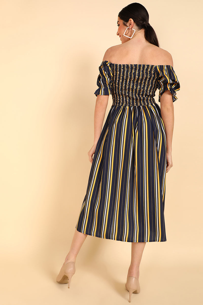 Navy Blue Polyester Flared Dress VD1181 | DesiQlo