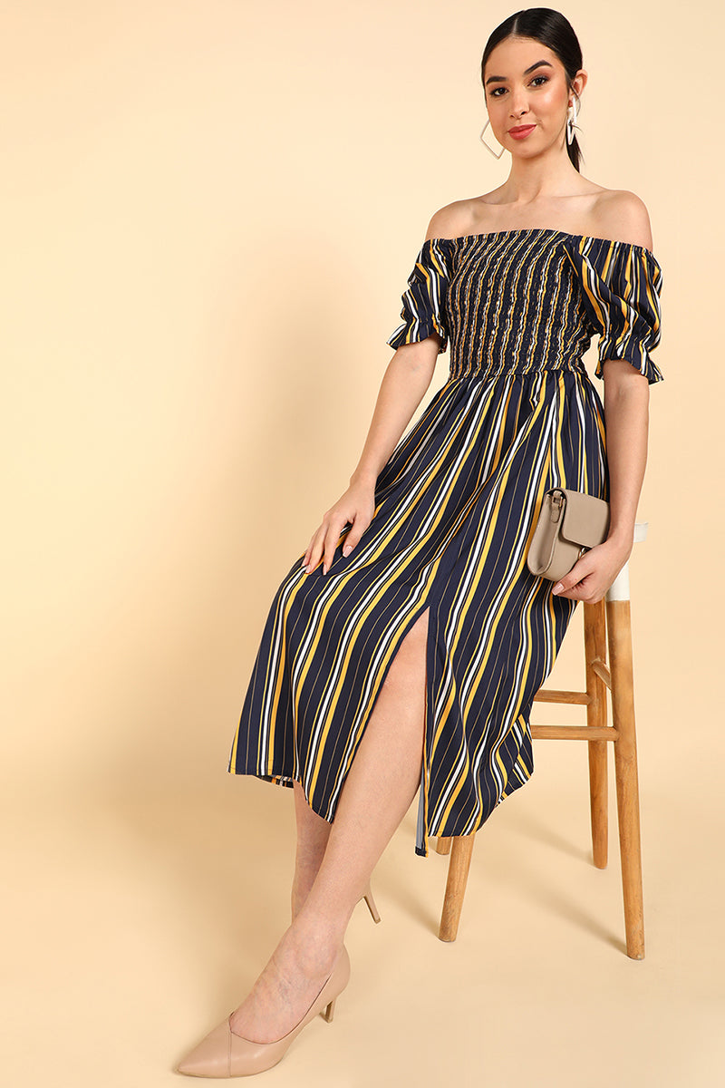 Navy Blue Polyester Flared Dress VD1181 | DesiQlo