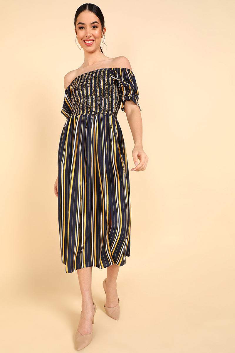 Navy Blue Polyester Flared Dress VD1181 | DesiQlo