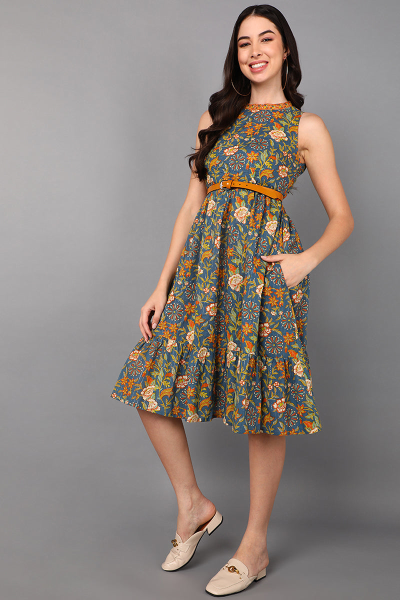 Blue Cotton Floral Printed Midi Dress VD1199