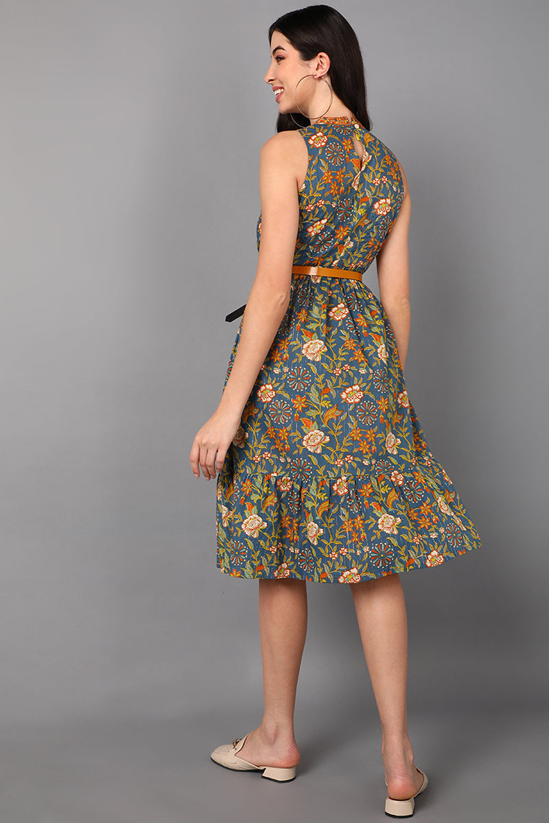 Blue Cotton Floral Printed Midi Dress VD1199