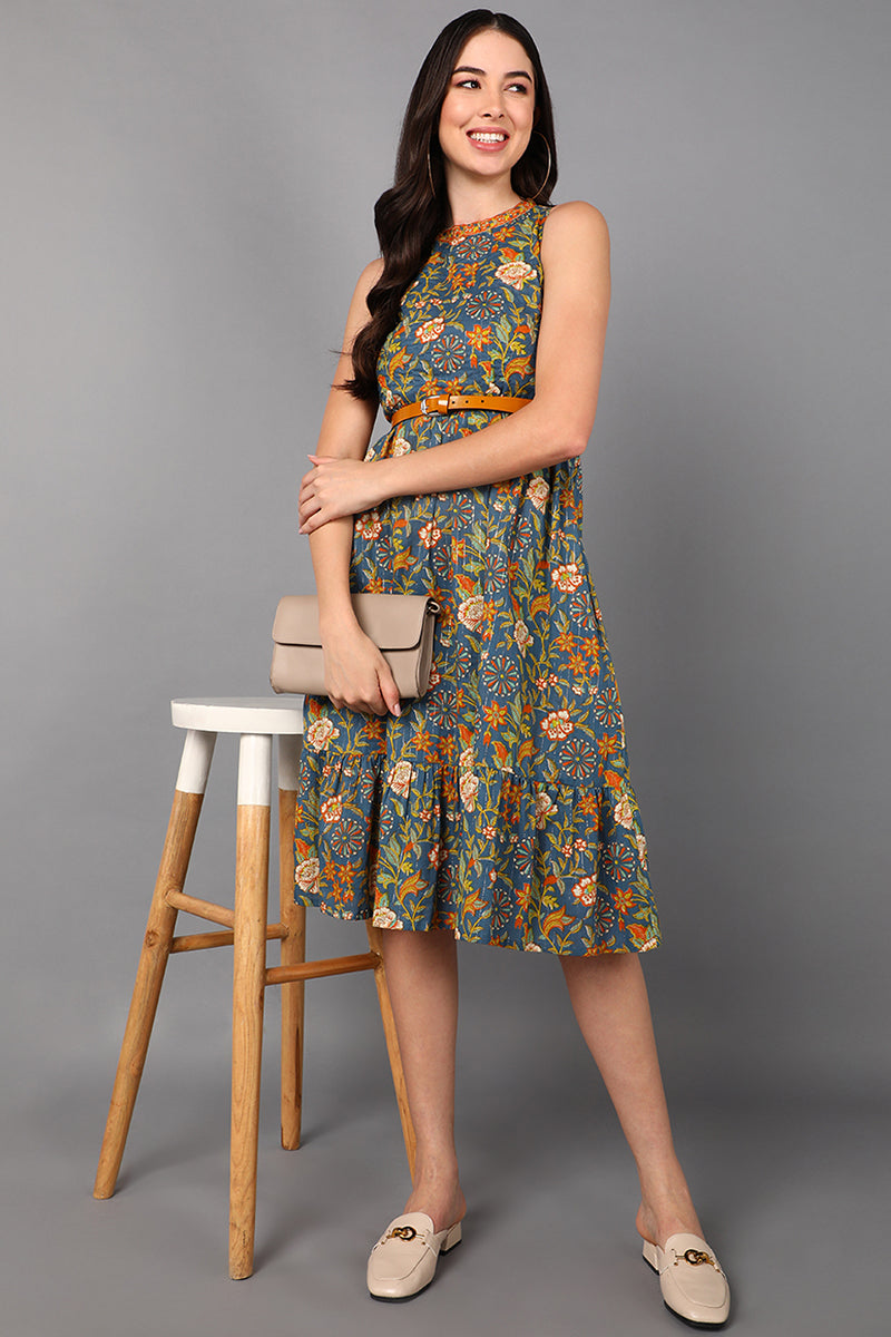 Blue Cotton Floral Printed Midi Dress VD1199