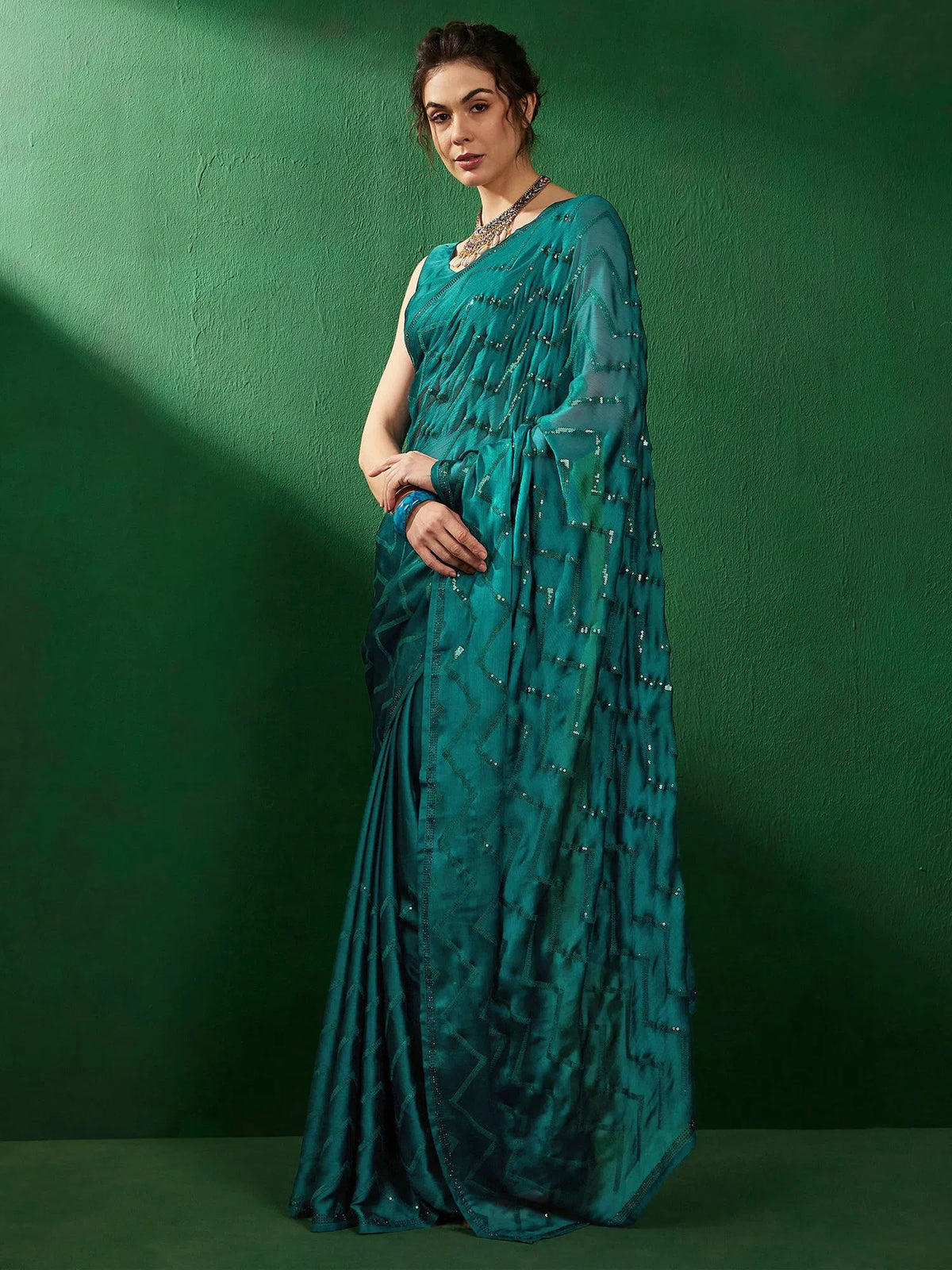 Women's Chiffon Teal Blue Embellished Designer Saree With Blouse Piece-VEDNSHI5063