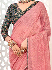 Women's Brasso Pink Printed Designer Saree With Blouse Piece-VENICBS40114