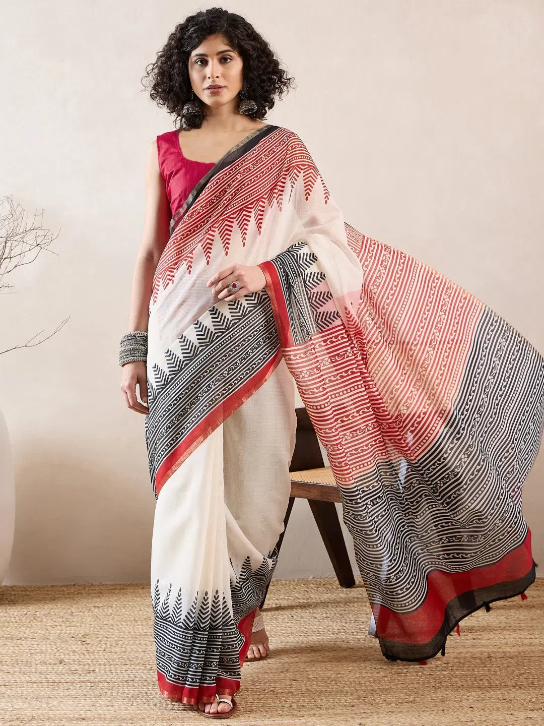 White Linen Printed Saree - Elegant Indian Sari Style
