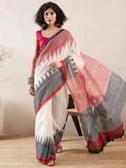 Women White Linen Ethnic Motifs Printed Saree-VFSAR1005