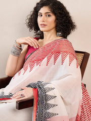 Women White Linen Ethnic Motifs Printed Saree-VFSAR1005