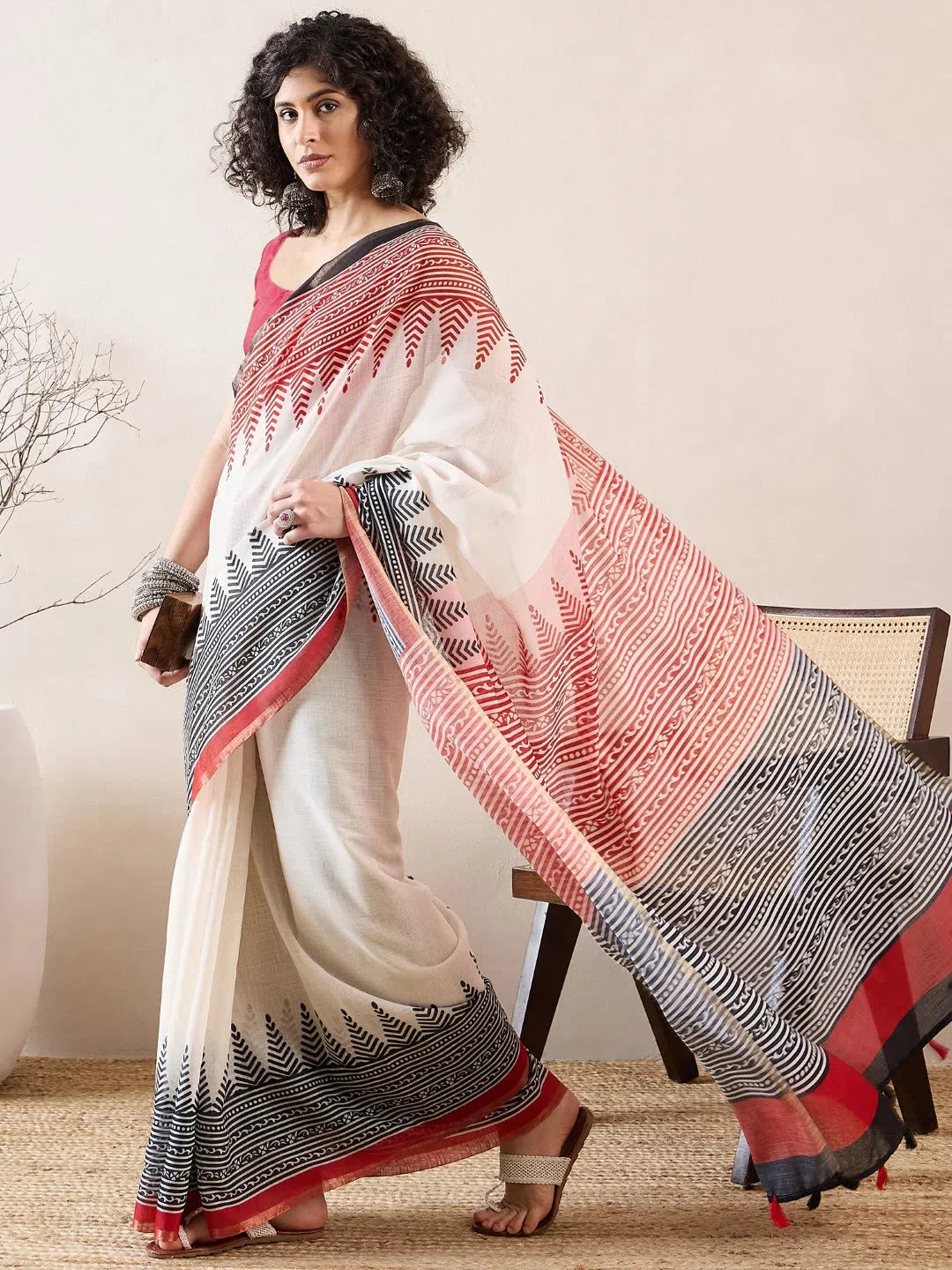 White Linen Printed Saree - Elegant Indian Sari Style