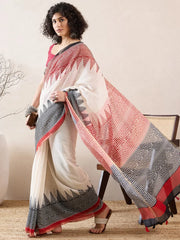 Women White Linen Ethnic Motifs Printed Saree-VFSAR1005