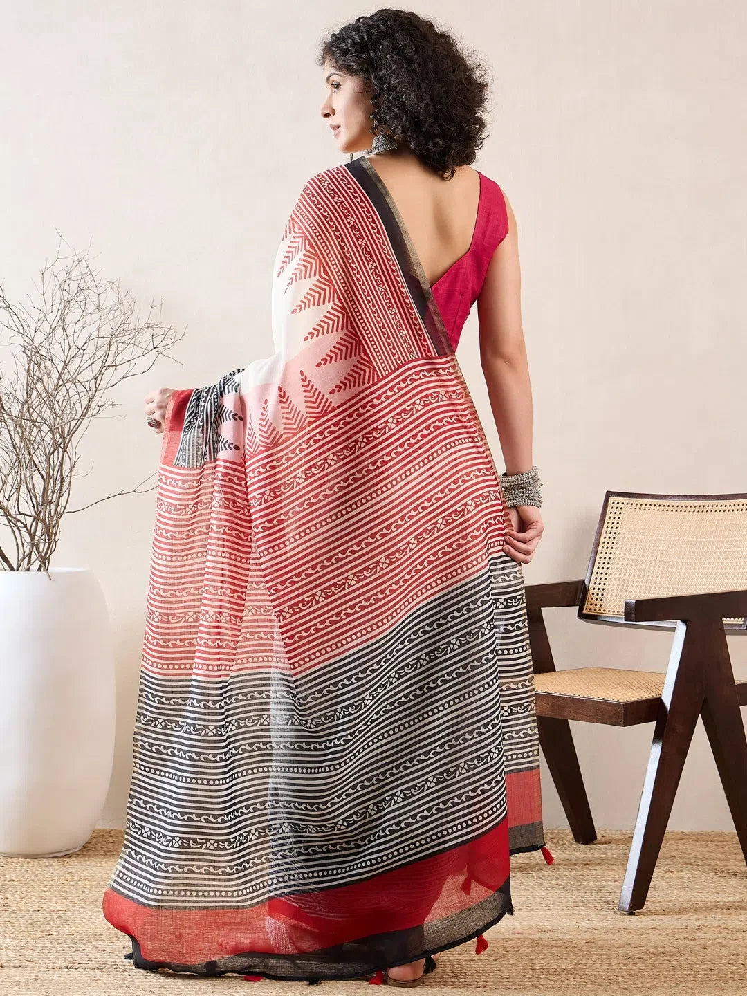 White Linen Printed Saree - Elegant Indian Sari Style