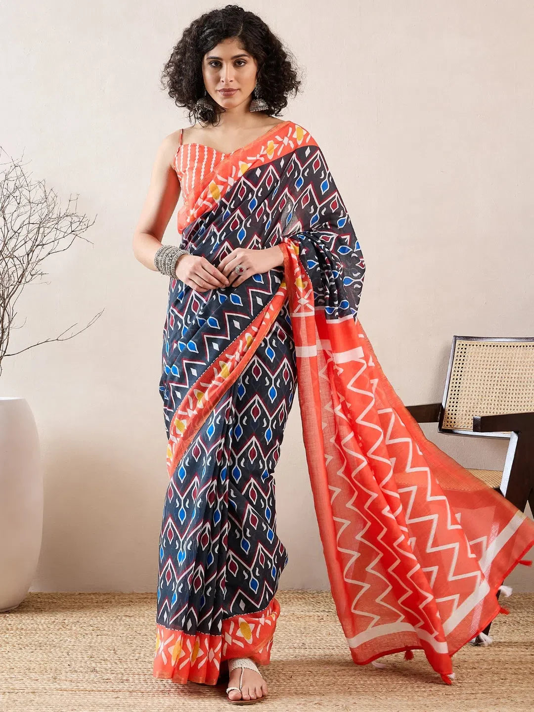 Black Linen Geometric Saree | Premium Designer Sarees India