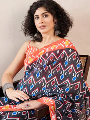 Women Black Linen Geometric Printed Saree-VFSAR1013