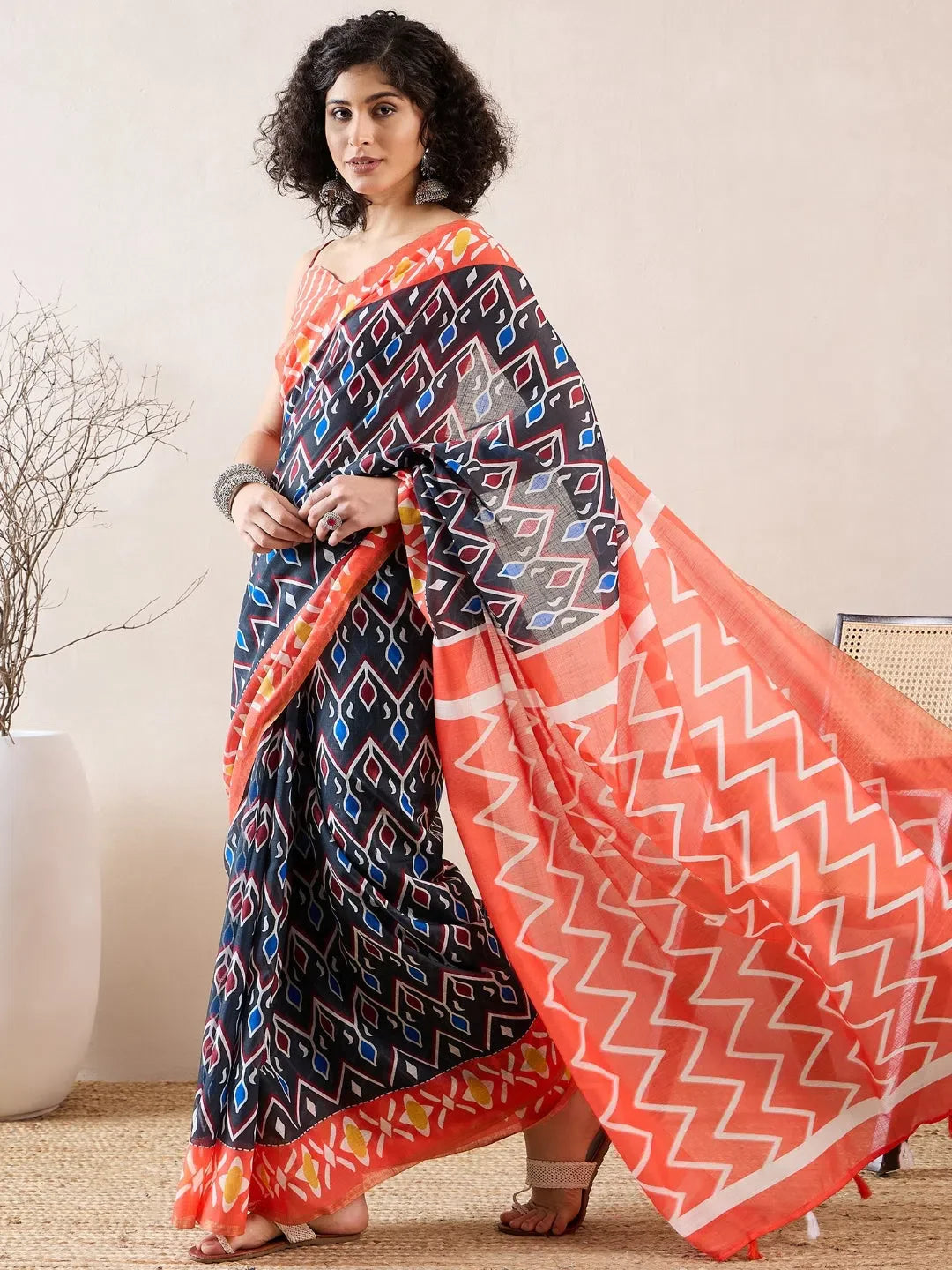 Black Linen Geometric Saree | Premium Designer Sarees India