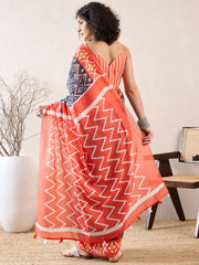 Women Black Linen Geometric Printed Saree-VFSAR1013