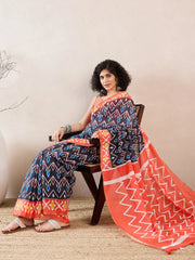 Women Black Linen Geometric Printed Saree-VFSAR1013