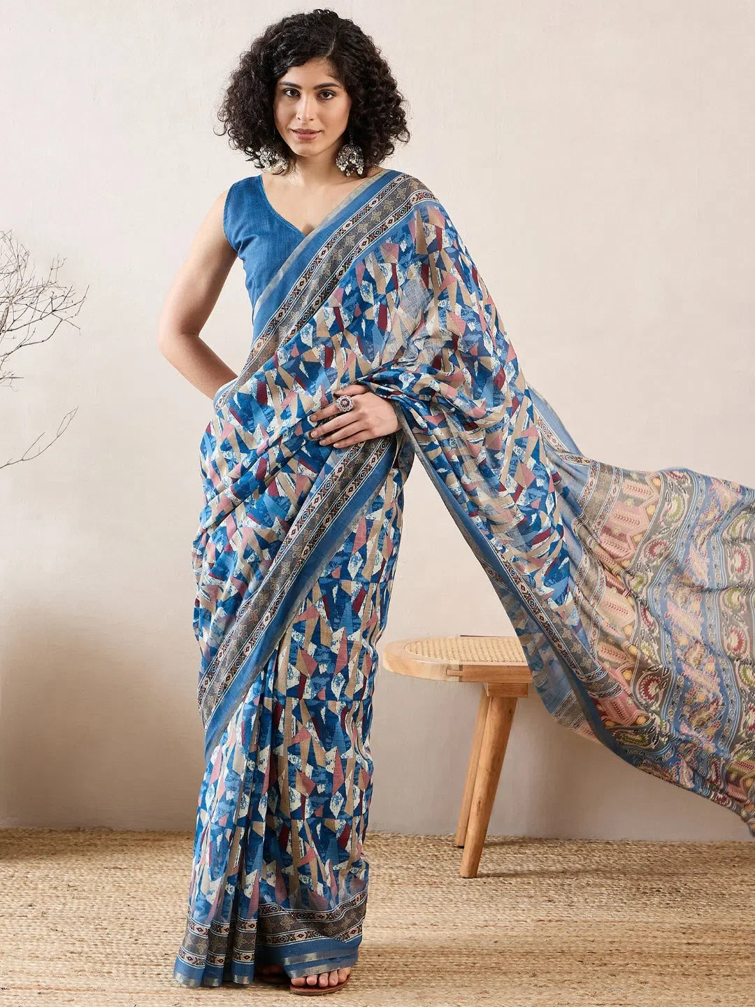 Women Blue Linen Abstract Printed Saree-VFSAR1014