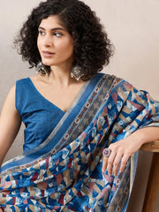 Women Blue Linen Abstract Printed Saree-VFSAR1014