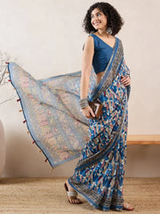 Women Blue Linen Abstract Printed Saree-VFSAR1014