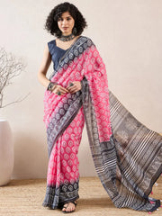 Women Red Linen Ethnic Motifs Printed Saree-VFSAR1016