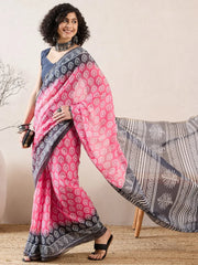Women Red Linen Ethnic Motifs Printed Saree-VFSAR1016