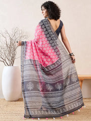Women Red Linen Ethnic Motifs Printed Saree-VFSAR1016